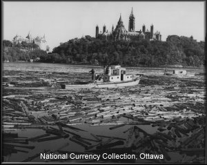 The last Canadian Dollar bill featured the Ancaster (smaller) and the Missinaibi (larger) as captured in a black & white 1963 photograph by Malak Karsh entitled Paper & Politics. The lumber tugs are re-assembling a broken log boom on the Ottawa river just below the Parliament Buildings.